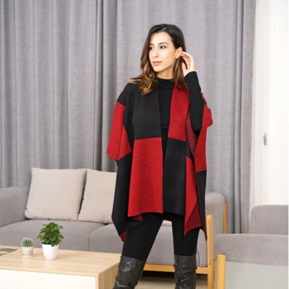 Orange Fashion Village Open Front Poncho Sleeveless Button Closure O/S Red Black - Picture 1 of 12